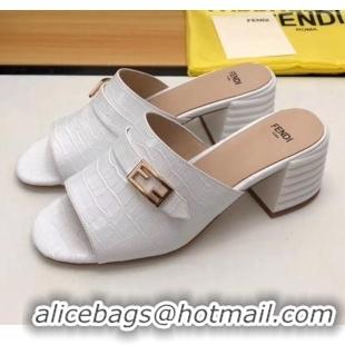 Top Design Fendi Crocodile Pattern Calfskin Promenade Slides Sandals With 6cm Heel F42318 White 2020