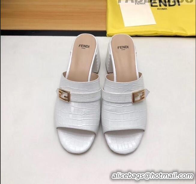 Top Design Fendi Crocodile Pattern Calfskin Promenade Slides Sandals With 6cm Heel F42318 White 2020