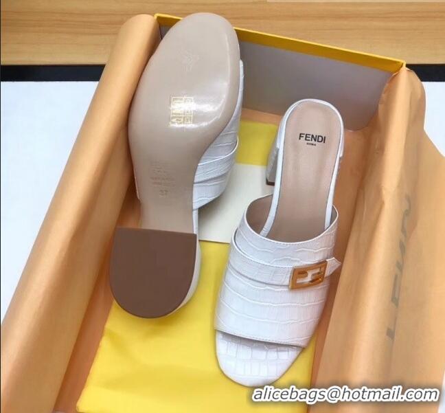 Top Design Fendi Crocodile Pattern Calfskin Promenade Slides Sandals With 6cm Heel F42318 White 2020