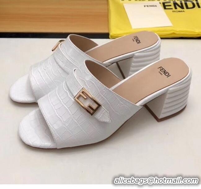 Top Design Fendi Crocodile Pattern Calfskin Promenade Slides Sandals With 6cm Heel F42318 White 2020