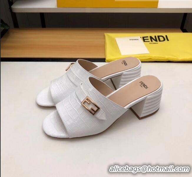 Top Design Fendi Crocodile Pattern Calfskin Promenade Slides Sandals With 6cm Heel F42318 White 2020