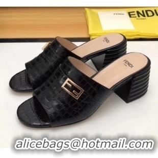 Cheap Price Fendi Crocodile Pattern Calfskin Promenade Slides Sandals With 6cm Heel F42318 Black 2020