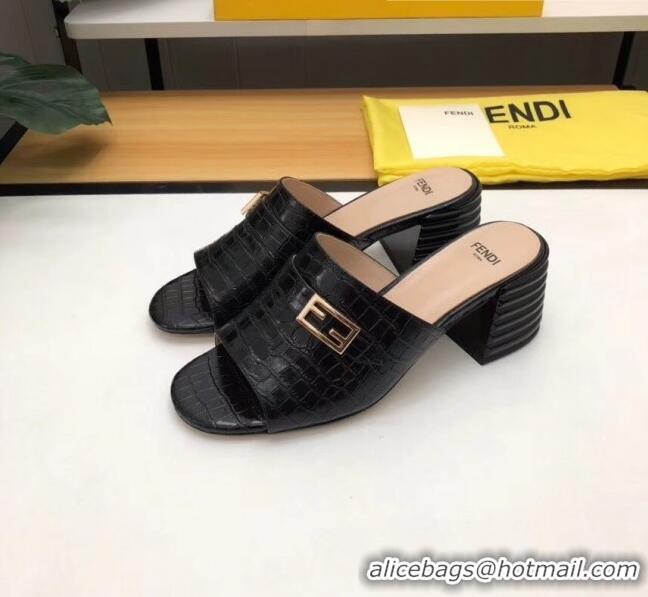 Cheap Price Fendi Crocodile Pattern Calfskin Promenade Slides Sandals With 6cm Heel F42318 Black 2020