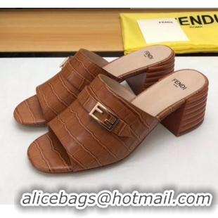 Faux Fendi Crocodile Pattern Calfskin Promenade Slides Sandals With 6cm Heel F42318 Brown 2020