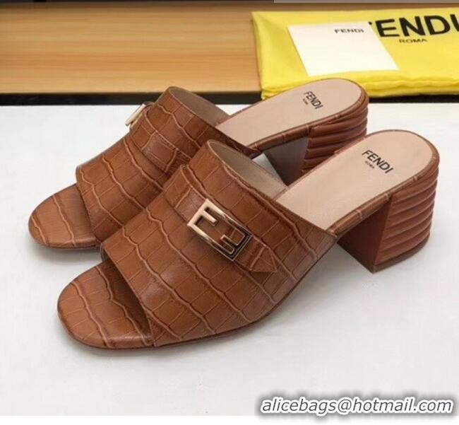 Faux Fendi Crocodile Pattern Calfskin Promenade Slides Sandals With 6cm Heel F42318 Brown 2020