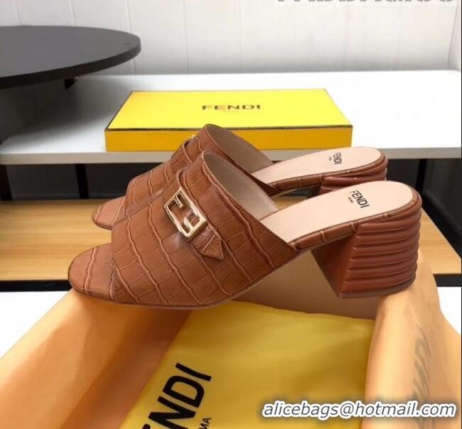 Faux Fendi Crocodile Pattern Calfskin Promenade Slides Sandals With 6cm Heel F42318 Brown 2020