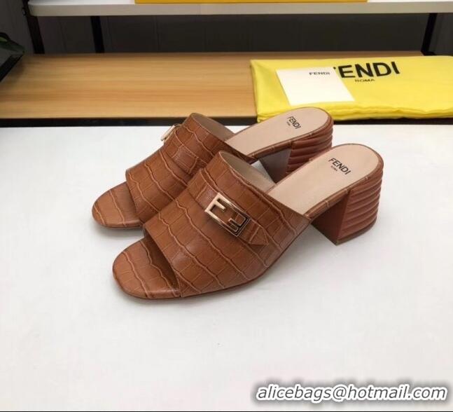 Faux Fendi Crocodile Pattern Calfskin Promenade Slides Sandals With 6cm Heel F42318 Brown 2020