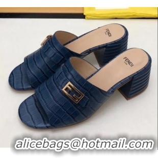 Grade Quality Fendi Crocodile Pattern Calfskin Promenade Slides Sandals With 6cm Heel F42318 Blue 2020