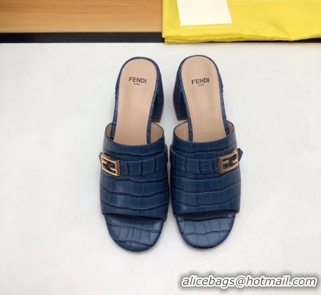 Grade Quality Fendi Crocodile Pattern Calfskin Promenade Slides Sandals With 6cm Heel F42318 Blue 2020