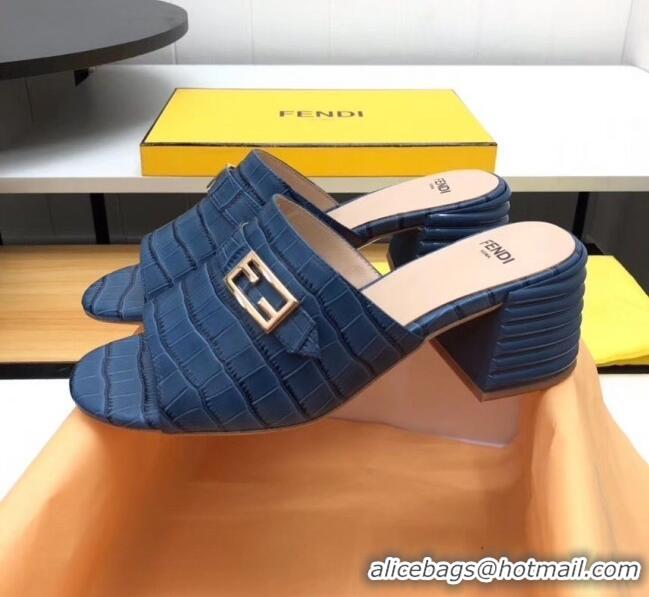 Grade Quality Fendi Crocodile Pattern Calfskin Promenade Slides Sandals With 6cm Heel F42318 Blue 2020