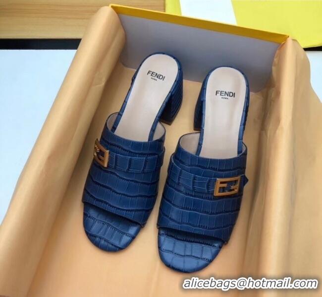 Grade Quality Fendi Crocodile Pattern Calfskin Promenade Slides Sandals With 6cm Heel F42318 Blue 2020