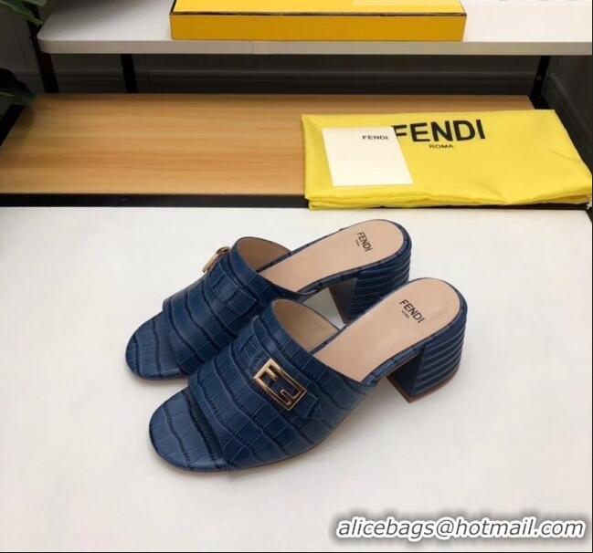 Grade Quality Fendi Crocodile Pattern Calfskin Promenade Slides Sandals With 6cm Heel F42318 Blue 2020