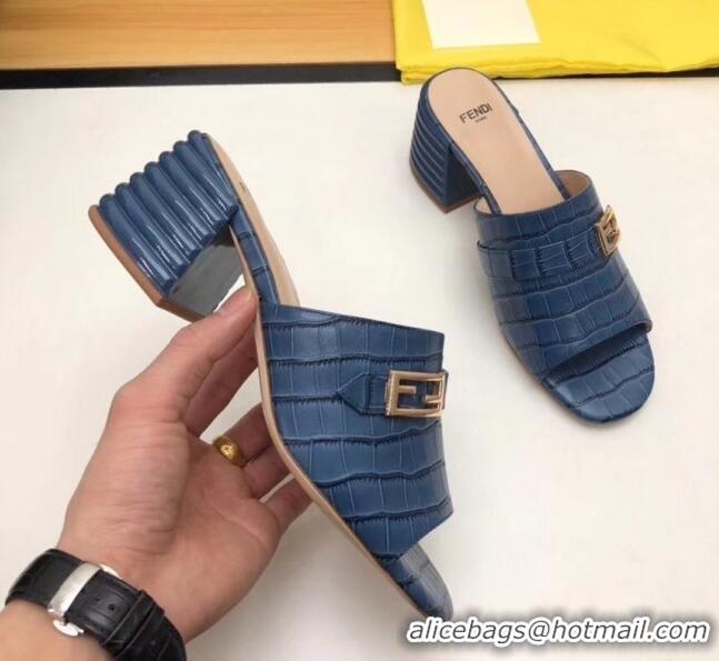 Grade Quality Fendi Crocodile Pattern Calfskin Promenade Slides Sandals With 6cm Heel F42318 Blue 2020