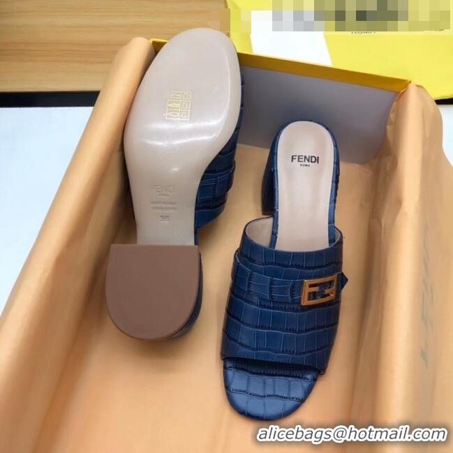 Grade Quality Fendi Crocodile Pattern Calfskin Promenade Slides Sandals With 6cm Heel F42318 Blue 2020