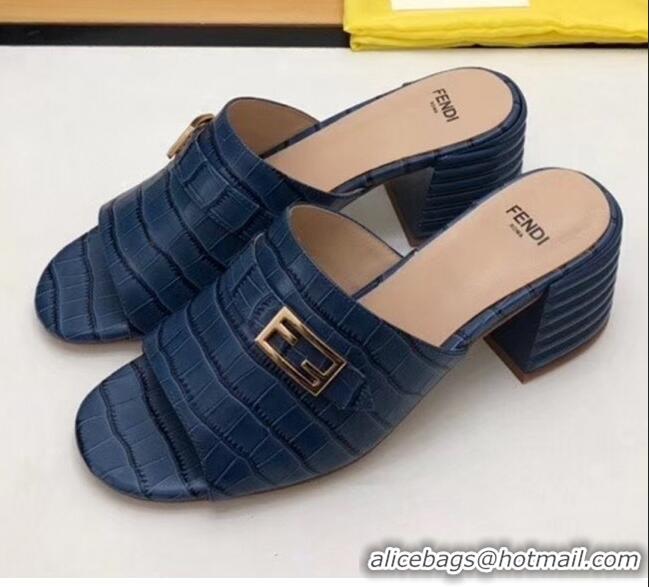 Grade Quality Fendi Crocodile Pattern Calfskin Promenade Slides Sandals With 6cm Heel F42318 Blue 2020