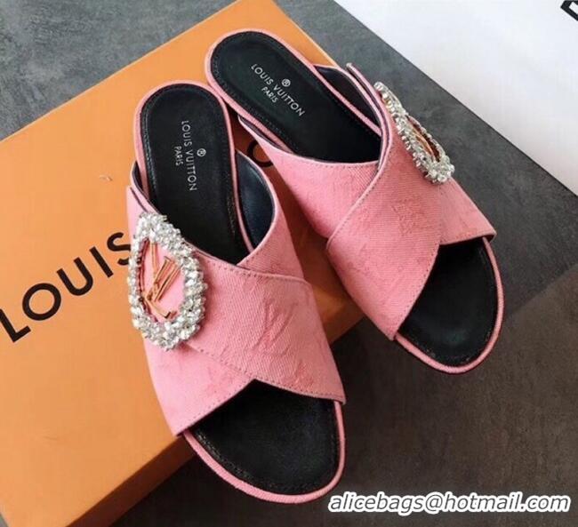 ​Cheap Louis Vuitton Canvas Cross Strap Flat Slide Sandal with Crystal Buckle LV2412 Pink 2020