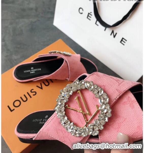 ​Cheap Louis Vuitton Canvas Cross Strap Flat Slide Sandal with Crystal Buckle LV2412 Pink 2020