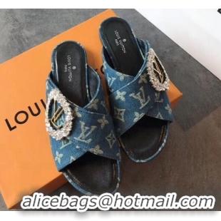 Luxury Louis Vuitton Canvas Cross Strap Flat Slide Sandal with Crystal Buckle LV2412 Blue 2020