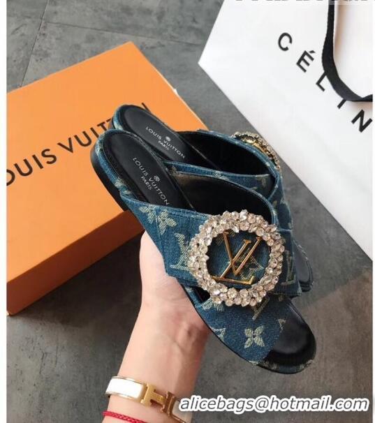 Luxury Louis Vuitton Canvas Cross Strap Flat Slide Sandal with Crystal Buckle LV2412 Blue 2020