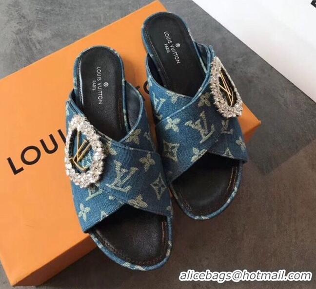 Luxury Louis Vuitton Canvas Cross Strap Flat Slide Sandal with Crystal Buckle LV2412 Blue 2020