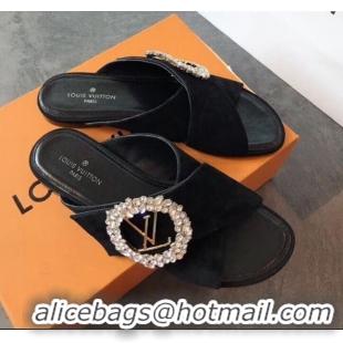 Spot Bulk Louis Vuitton Canvas Cross Strap Flat Slide Sandal with Crystal Buckle LV2412 Black 2020