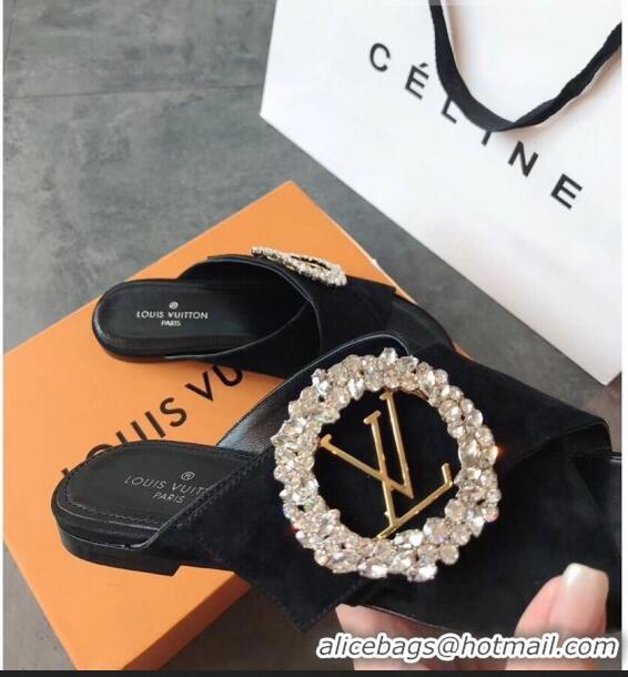 Spot Bulk Louis Vuitton Canvas Cross Strap Flat Slide Sandal with Crystal Buckle LV2412 Black 2020