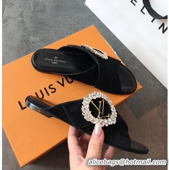 Spot Bulk Louis Vuitton Canvas Cross Strap Flat Slide Sandal with Crystal Buckle LV2412 Black 2020