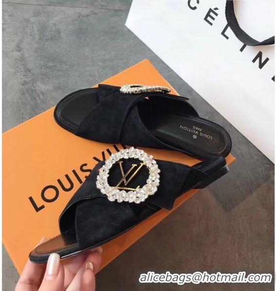 Spot Bulk Louis Vuitton Canvas Cross Strap Flat Slide Sandal with Crystal Buckle LV2412 Black 2020