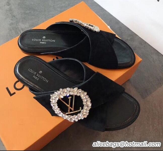 Spot Bulk Louis Vuitton Canvas Cross Strap Flat Slide Sandal with Crystal Buckle LV2412 Black 2020