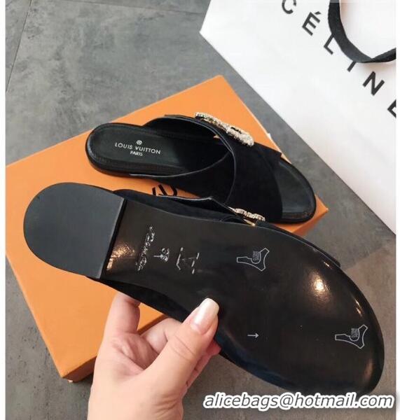 Spot Bulk Louis Vuitton Canvas Cross Strap Flat Slide Sandal with Crystal Buckle LV2412 Black 2020