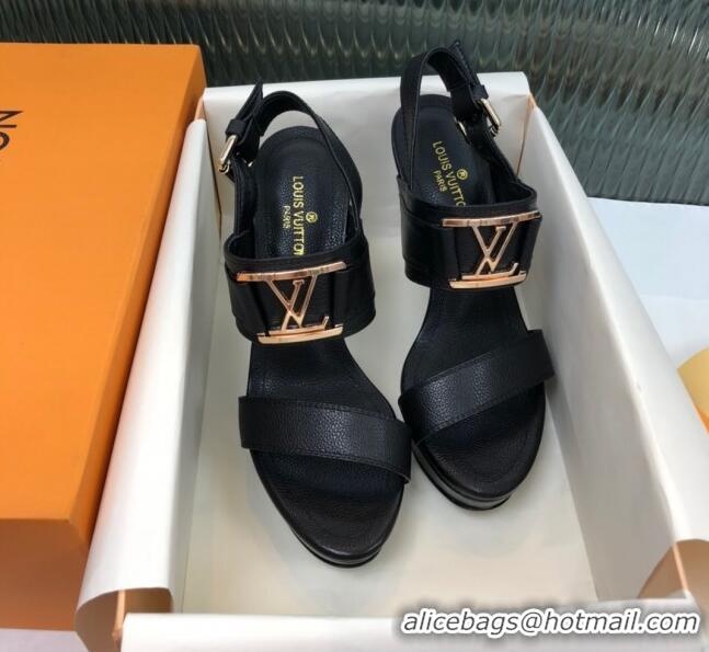 Cheapest Louis Vuitton Horizon Grained Calfskin Square LV Platform Sandal 100MM LV2432 Black 2020