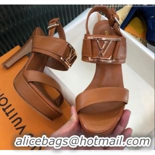 Good Quality Louis Vuitton Horizon Grained Calfskin Square LV Platform Sandal 100MM LV2432 Brown 2020