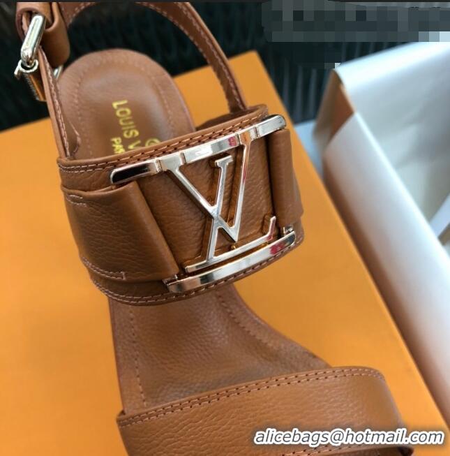 Good Quality Louis Vuitton Horizon Grained Calfskin Square LV Platform Sandal 100MM LV2432 Brown 2020