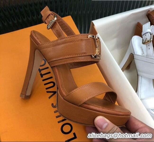 Good Quality Louis Vuitton Horizon Grained Calfskin Square LV Platform Sandal 100MM LV2432 Brown 2020