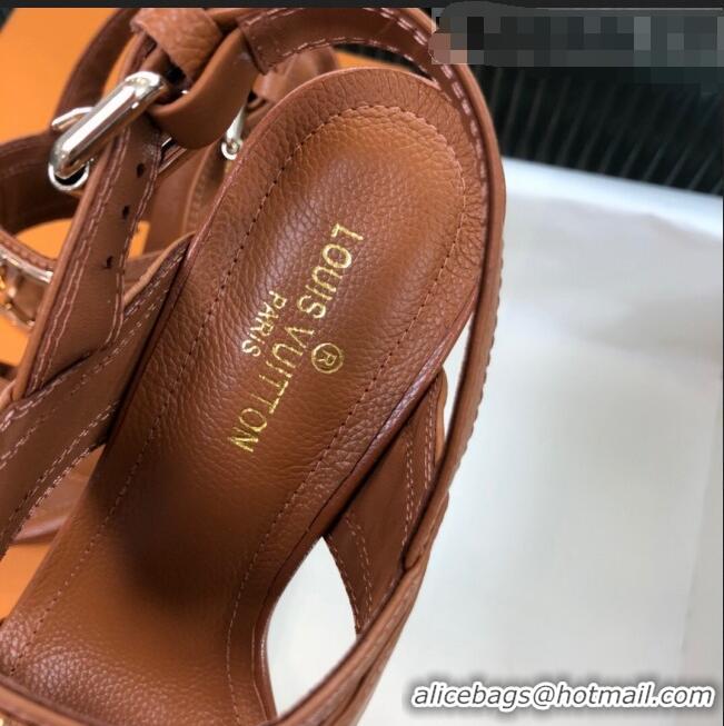 Good Quality Louis Vuitton Horizon Grained Calfskin Square LV Platform Sandal 100MM LV2432 Brown 2020