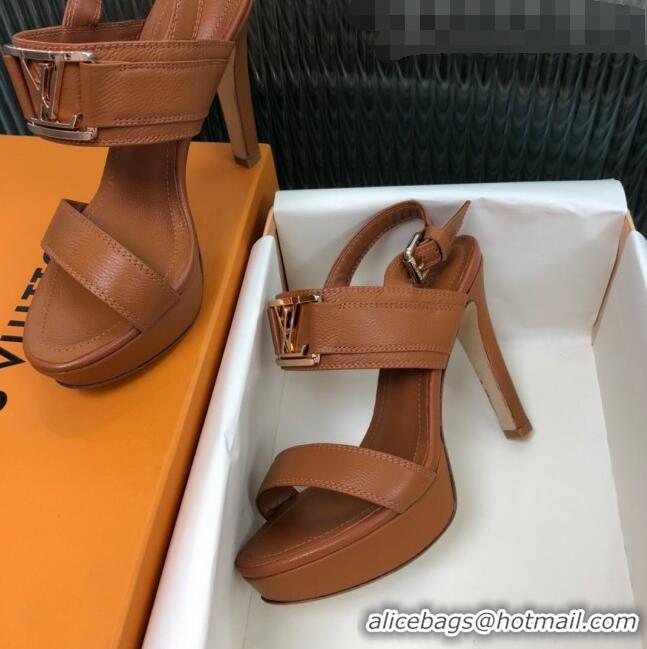 Good Quality Louis Vuitton Horizon Grained Calfskin Square LV Platform Sandal 100MM LV2432 Brown 2020