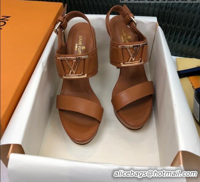 Good Quality Louis Vuitton Horizon Grained Calfskin Square LV Platform Sandal 100MM LV2432 Brown 2020