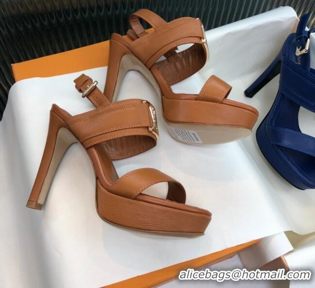 Good Quality Louis Vuitton Horizon Grained Calfskin Square LV Platform Sandal 100MM LV2432 Brown 2020