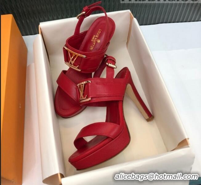 Imitation Louis Vuitton Horizon Grained Calfskin Square LV Platform Sandal 100MM LV2432 Red 2020