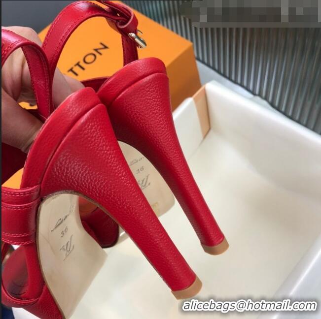 Imitation Louis Vuitton Horizon Grained Calfskin Square LV Platform Sandal 100MM LV2432 Red 2020