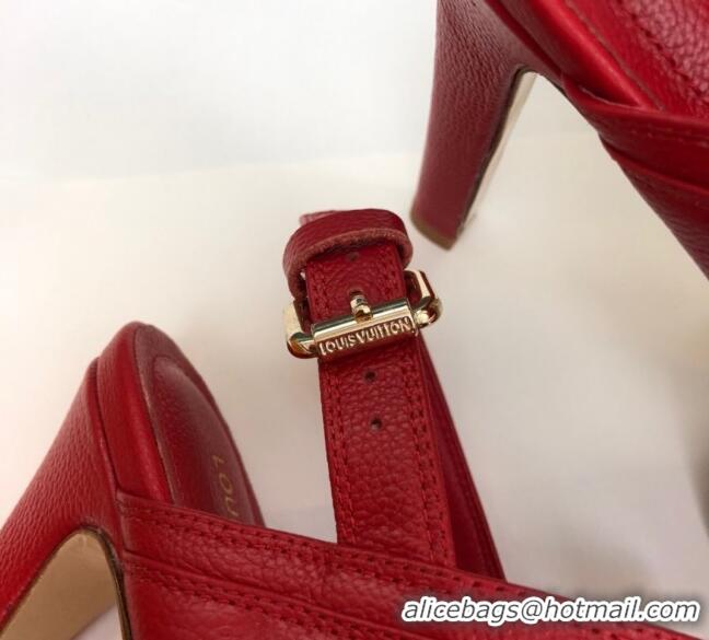 Imitation Louis Vuitton Horizon Grained Calfskin Square LV Platform Sandal 100MM LV2432 Red 2020