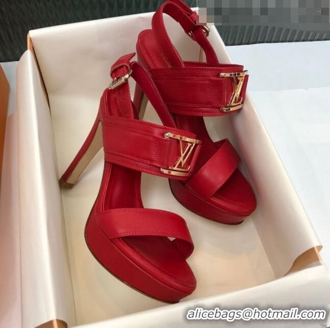 Imitation Louis Vuitton Horizon Grained Calfskin Square LV Platform Sandal 100MM LV2432 Red 2020