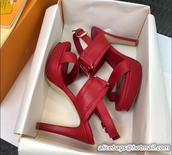 Imitation Louis Vuitton Horizon Grained Calfskin Square LV Platform Sandal 100MM LV2432 Red 2020