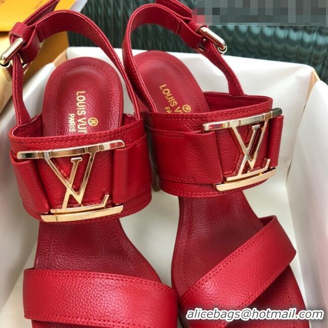 Imitation Louis Vuitton Horizon Grained Calfskin Square LV Platform Sandal 100MM LV2432 Red 2020