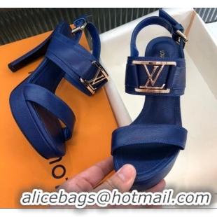 Fashion Louis Vuitton Horizon Grained Calfskin Square LV Platform Sandal 100MM LV2432 Blue 2020