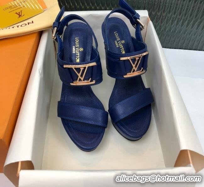 Fashion Louis Vuitton Horizon Grained Calfskin Square LV Platform Sandal 100MM LV2432 Blue 2020