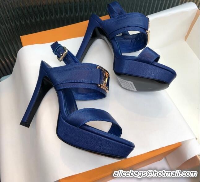 Fashion Louis Vuitton Horizon Grained Calfskin Square LV Platform Sandal 100MM LV2432 Blue 2020