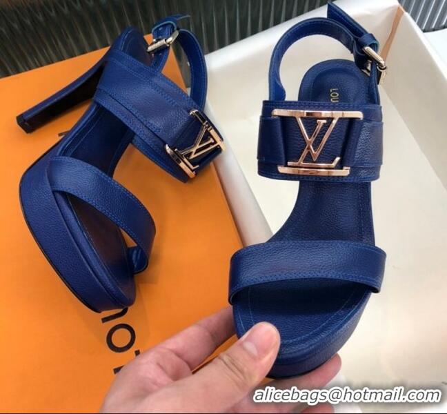 Fashion Louis Vuitton Horizon Grained Calfskin Square LV Platform Sandal 100MM LV2432 Blue 2020