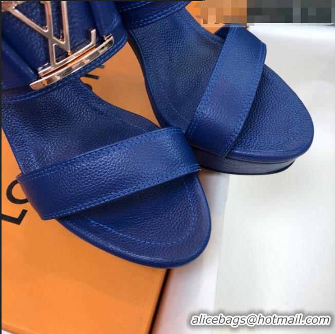 Fashion Louis Vuitton Horizon Grained Calfskin Square LV Platform Sandal 100MM LV2432 Blue 2020