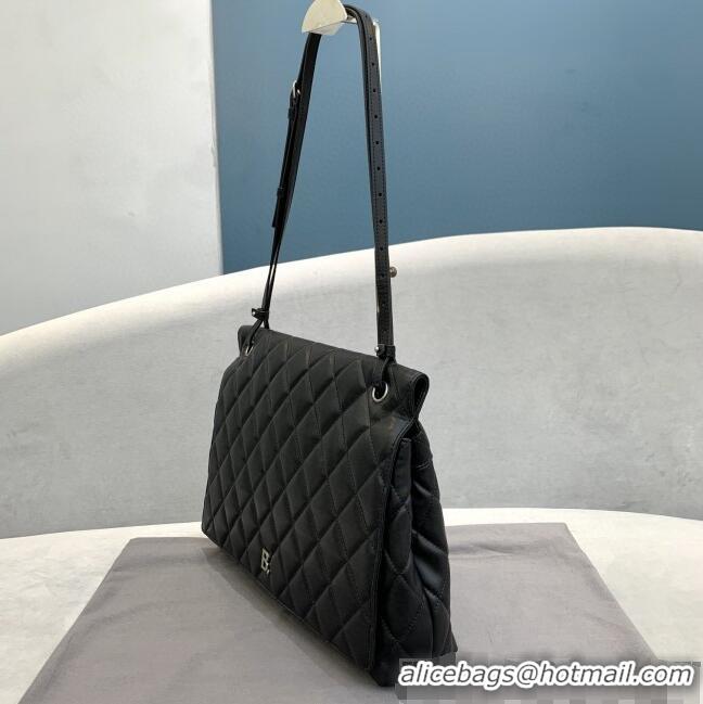 Good Taste Balenciaga B. Quilted Lambskin Small/Large Flap Bag B30837 Black/Silver 2020